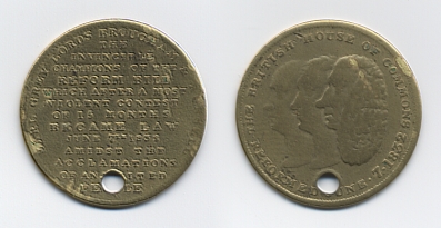 Medallion struck to commemorate passing of the historic Reform Bill in England in 1832